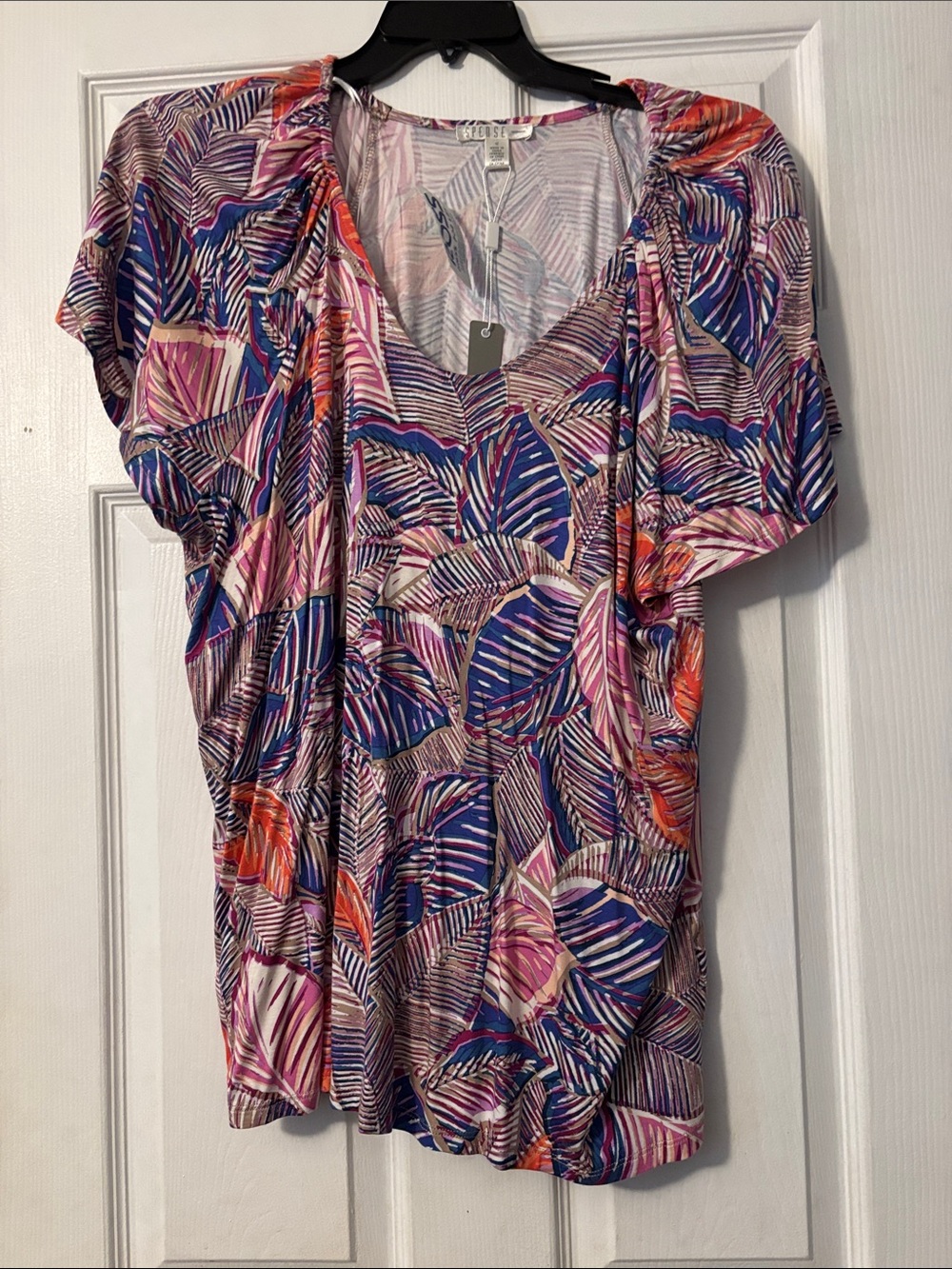 Spense Multicolor Leaf-Print Short Sleeve Top - Pink, Blue, Orange